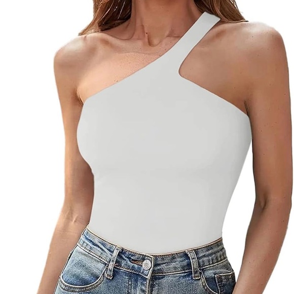 REORIA One Shoulder Sleeveless Backless Double Lined Thong Tank Top Bodysuits - Picture 2 of 5